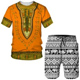 African Traditional Suits for Men Short Sleeve T-shirt Shorts 2 Piece Vintage Dashiki Outfits Summer Casual Set Clothing Man