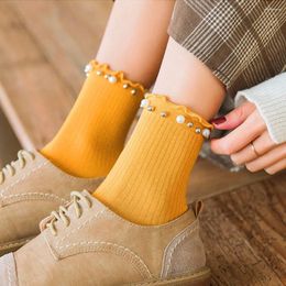 Women Socks Solid Colour Pearl Kawaii Casual Vertical Stripe College Style Hosiery Korean Middle Tube Girls