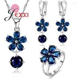 Necklace Earrings Set Charming 925 Sterling Silver Ring Women Dark Blue Cubic Zirconia Flower Pendant