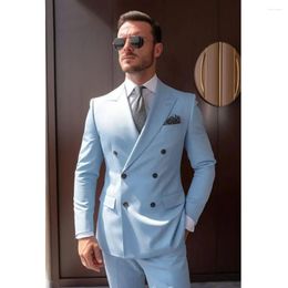 Men's Suits Summer Sky Blue Men Two Piece Gentleman Groom Wedding Tuxedo Fashion Smart Casual Office Male Suit Slim (Jacket Pants)