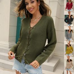 Women's Knits Autumn Winter Sweater Women V-neck Hollow Out Lace-up Knitted Oversize Pullover Cardigan Green Sexy Long Sleeve Knitwear