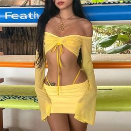 Beach Exits For Women Wear Swim Suit Vacation Outfits Covered 2024 Summer Dress Solid Colour Slim Fit One Line Long Sleeve