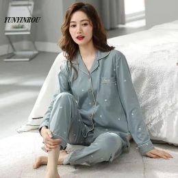 Spring Autumn 2 PCS Sets Knitted Loungewear Print Lapel Women's Pajama Sets Female Sleepwear Young Lady Pyjamas Lounge Homewear