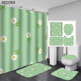 Shower Curtains White Flowers Pattern Bathroom Curtain Green Bath Mat Set Non-Slip Pedestal Rug Toilet Lid Cover Mats With Hooks