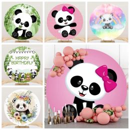 Cute Panda Round Backdrop Baby Shower Birthday Baptism Photography Bamboo Leaves Background for Kids Girl Birthday Party Decor