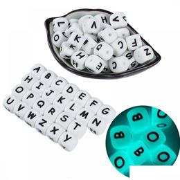 Baby Teethers Toys 50Pcs 12Mm Glow In The Dark English Alphabet Letter Beads Luminous Sile Letters For Teething Chew Toy Shower Gift 2 Dhqyt