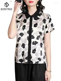 Women's Blouses BirdTree Lapel Short Sleeve Printing 91%Mulberry Silk Shirt For Women Retro OL Satin 2024 Spring Top T42309QM