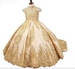 Pageant Dresses Girl's Modest Gold Sequins spets Satin Flower Girl Gowns Formal Party Dress for Teens Kids Size