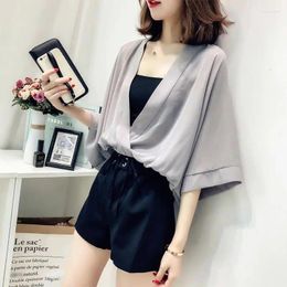 Women's T Shirts Chiffon Solid Short Tops Summer Sleeve Deep V Neck Simplicity All-match Loose Fashion Casual Women Clothing