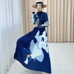 Work Dresses Miyake Fashion Set Women's 2024 Spring And Autumn Seasons Trendy Printing High End Pleated Temperament Commuter Top Half Skirt