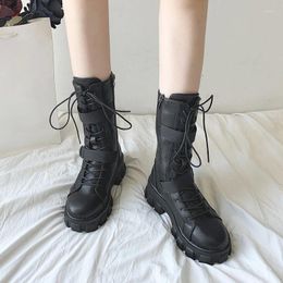 Boots Biker Footwear Lace-up Shoes For Women With Laces Half High Ladies Black Mid Calf Chic And Elegant Comfortable Goth Sale