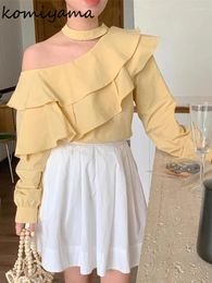 Women's Blouses Korean Irregular Skew Collar Shirts Ruffles Halter Blusas Mujer Off Shoulder Camisas Long Sleeve Ropa Spring Tops