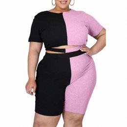 two Piece Sets Plus Size 3XL Casual Colour Matching Outfit Clothes 2022 Summer Fi New Women Sexy T-shirt Short Pant Suit x7Bu#