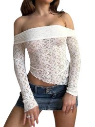 Women s Elegant Floral Lace Long Sleeve Top Shirt Y2K Sheer Mesh See Through T-Shirt Round Neck Slim Fit Blouse
