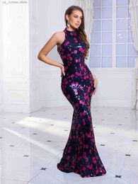 Basic Casual Dresses High Neck Flower Print Stretch Sequin Maxi Party Dress Slveless Evening Club Slim Long Bodycon Prom Gown White Gold T240330