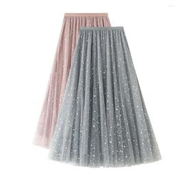 Skirts Women A-line Skirt Sequins Star Print Tulle High Waist Layered Lace Pleated Midi For Elegant Stylish
