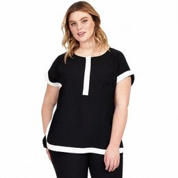 plus Size Short Sleeve Summer Elegant Blouse Black And White Half Open Collar Work Office Top Split Sides Large Size T-shirt 7XL V9nu#