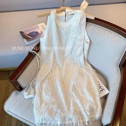 French Style White Tassel Halter Sleeveless Dress For Women Summer High Grade Elegant Lady Suspender Skirt