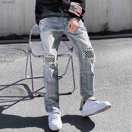 Men's Jeans Black and white checkered tapered jeans womens tight fitting jeans hip-hop jeans ankle zippers torn beggar denim pantsL2403