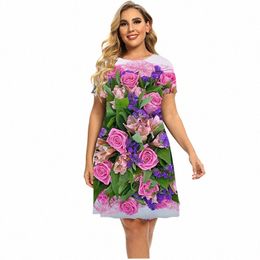 3d Pink Rose Floral Print Dres Women 2023 Fi Summer Fr Theme Short Sleeve Dr Streetwear Loose Plus Size Clothing 41UW#