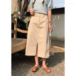 Skirts B-TOTO Macaron Casual Denim Skirt For Women Summer Korean Style Slit Temperament Gentle Mid-length Small People 2024