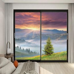 Window Stickers Sunset Scenery Pattern Privacy Glass Film PVC Frosted Sliding Door Static Clings Non-Glue Anti UV Sticker
