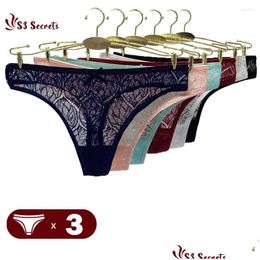 Womens Panties 3Pcs/Set Y Mesh G-String Hollow Women Underwear Female Transparent Solid Low Waist Thongs Girls Breathable Drop Deliver Dhxlq