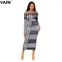 Casual Dresses VAZN 2024 Early Autumn Sexy Lady Black Striped Sheath Dress Full Sleeve Slash Neck Mid-calf Young Daily