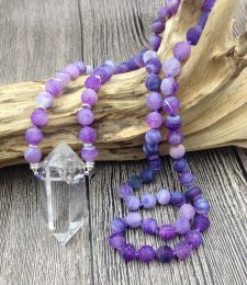 Necklaces YA2617 Natural Clear Quartz Double Point Pendant Purple Dragon Ven Agat 8mm Stone Beads Knot Necklace 30inch long