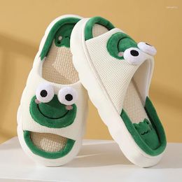 Slippers Cartoon Cute Frog Home For Women Thick Sole Non Slip House Shoes Woman Cotton Linen Couple Indoor Funny Slides