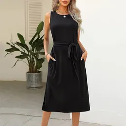 Casual Dresses For Women Summer Outfits Plus Size European American Sleeveless Side Slits With Pockets Belt Mid Length Dress