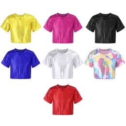 Jazz Dance Costumes Kids Boys Girls Shiny Sequins Short Sleeve Solid Colour T-shirt Crop Tops Street Dance Stage Performance Wear