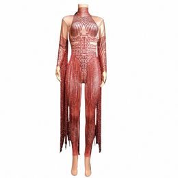 shining Rhineste Red Fringe Jumpsuits Women Lg Sleeve Stretch Leotard Nightclub Singer Pole Dance Stage Wear Tassel Costume n8Zl#