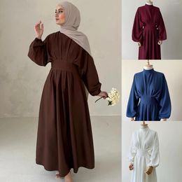 Ethnic Clothing 2024 Middle East Turkey Dubai Solid Color Drawstring Sleeve Dress Muslim Women Robes Kaftan Femme Musulman