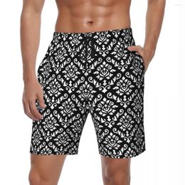 Men's Shorts Damask Baroque Print Board Summer Black And White Surfing Beach Men Comfortable Fashion Plus Size Trunks