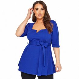 plus Size Notch Neck Summer Spring Elegant Peplum Top Women Belt Waist 3/4 Length Puff Sleeve Formal Work Office Fi Blouse z1e5#