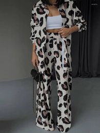 Women's Two Piece Pants Fashion Leopard Printed Shirt Trousers Suit Women 2024 Spring Turn-down Collar Long Sleeved Shirts Slim Female