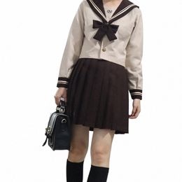 2pcs Japanese School Uniform Women JK Suit Girl Sailor Outfit Lg Sleeve Shirt V-Neck Cosplay High College Top+Skirt+Bow New z6sV#