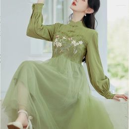 Casual Dresses Spring Fall Women Embridery Chines Style High Waisted Full Sleeve Green Dress Woman Vintage Slim Ruffled