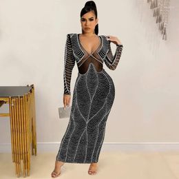 Casual Dresses KEXU Long Sleeve Sheer Mesh Patchwork Crystal Maxi Dress Womens Glamour Rhinestone Bandage Sexy Party Clubwear