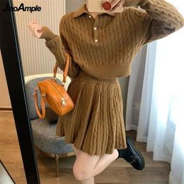 Work Dresses Spring Autumn Women Chic Knitwear Outfits Korean Lady Graceful Polo Sweater Mini Skirts 2 Piece Set Solid Short Tops Skirt