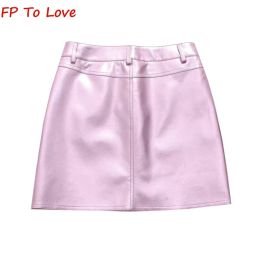 Y2K Pink Purple PU Mini Skirts Metallic Faux Leather Streetwear Sexy Barbie Dropped Wasit Chic Party A-line PB&ZA Woman Outfit