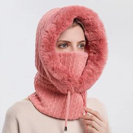 Winter 3 in1 Warm Women Knitted Ski Hat With Scarf Neck Fleece Lined Hood Face Mask Adult Balaclava For Outdoor Sports