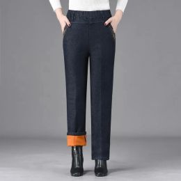 Kış kadife kaplı düz bol kot pantolon kadın yüksek bel peluş elastik vaqueros pantalones vintage anne sıcak kalın bol pantolon