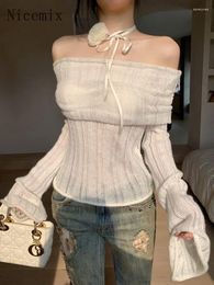 Women's Sweaters One Shoulder Long Sleeve Knitted Sweater Women Spring Off Slight Transparent White Hollow Slim Pulllover Tops