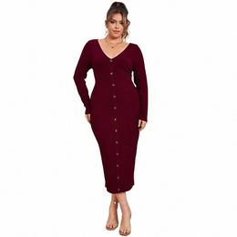 plus Size Women Knitted Dr 2023 New Sexy V-neck Single-breasted Lg Dr Solid Color Fi Lg-sleeved Elegant Dres M624#