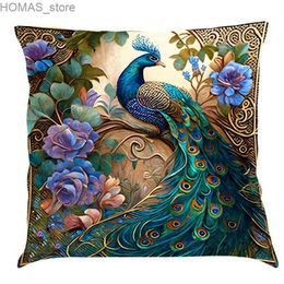 Pillow Nordic style oil painting peacock cushion cover 45x45cm cotton linen sofa cushion cover home decoration box Y240401