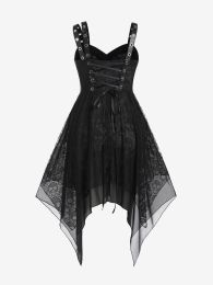 ROSEGAL Floral Print Lace Up Handkerchief Midi Dresses Summer Buckle Straps Sweetheart Neck Grommets Asymmetrical Gothic Dress