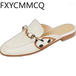 Slippers FXYCMMCQ Semi-drag Basic Women's Shoes Size 34-40 Solid Leather Outer Wear Flat Heel 1.5cm Bun Head Slip-on Casual PS907A