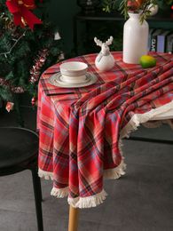 Gerring Christmas Coffee Table Cover Yarn Dyed Plaid Holiday Wedding Deco Tablecloth American Round Tassel Table Cloth For Party